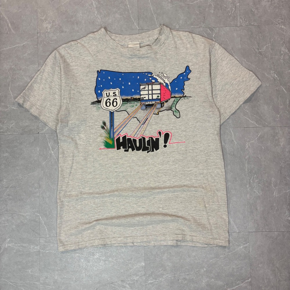 Vintage Haulin Route 66 Semi Truck USA Map Graphic T-Shirt Gray Mens Large